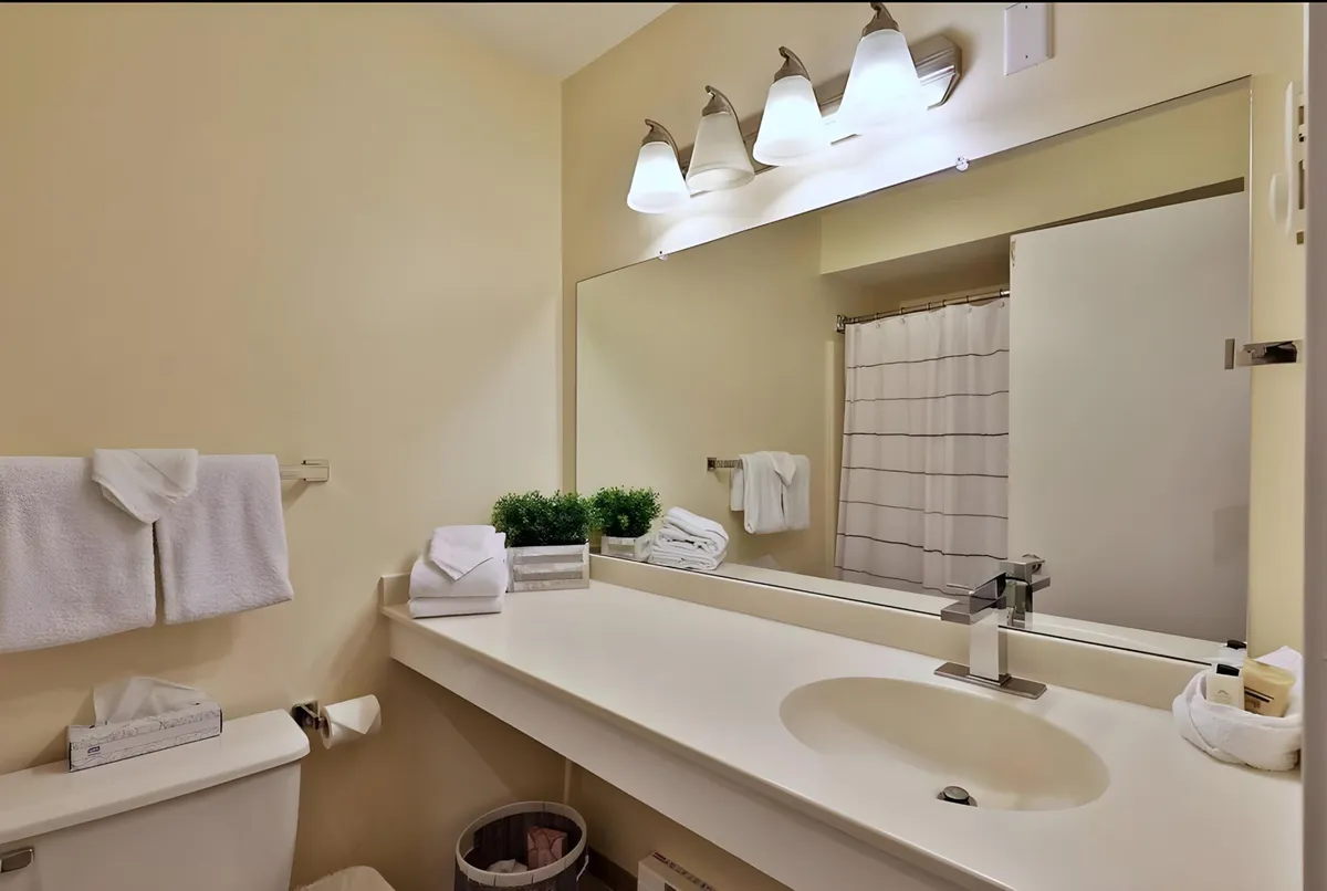 A serene bathroom scene featuring a large mirror, modern sink, stylish lighting, plush towels, and a small plant arrangement, evoking a sense of refreshment and comfort.