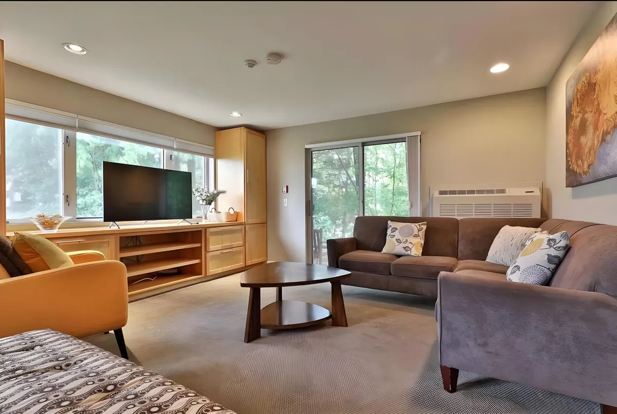 A bright and cozy living area with a comfortable sofa, coffee table, and television, illuminated by large windows that offer a scenic outdoor view. The space is furnished in a way that invites both relaxation and productivity, with plenty of natural light streaming in—perfect for setting up a laptop and enjoying the mountain scenery between tasks.