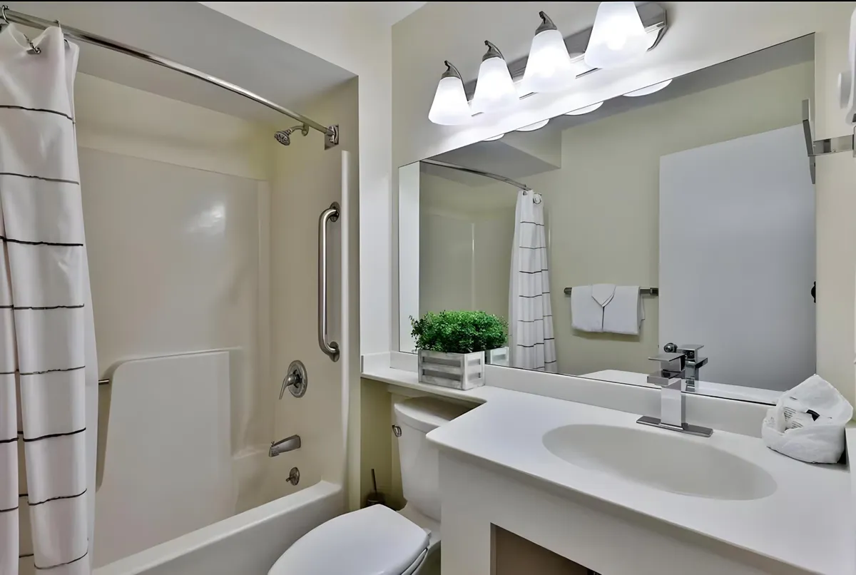 A modern bathroom with a vanity and sink, a large mirror, a walk-in shower, and a decorative plant. The space is organized, fresh, and inviting, suggesting a soothing environment for daily routines or self-care.